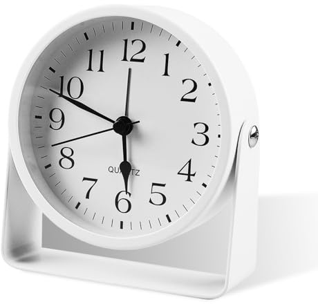 BORDEAG Wecker Analog Ohne Ticken, Klassisch Metall Wecker, Analoger Wecker Design, Weiß Lautlos Wecker mit Licht, Nachttisch-Wecker, Moderne Einfache Deko Tischuhr Schlafzimmer Nachttisch 11,5 cm