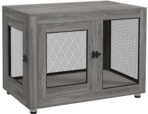 PawHut Hundekäfig für Zuhause, Hundebox mit 2 Türen, Waschbaren Kissen, Hundehütte mit Verstellbare Füße, Riegel, für große Hunde bis 30 kg, Grau, 94 x 60 x 71,5 cm