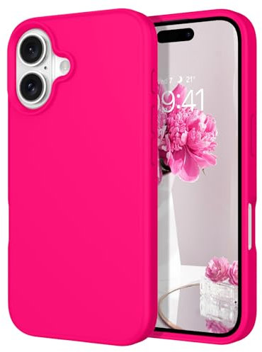 DOMAVER iPhone 16 Coque Silicone Liquide, Etui Souple Anti-Rayures Antichoc avec Doublure Microfibre, Protection Housse Fin, Rose Fluo