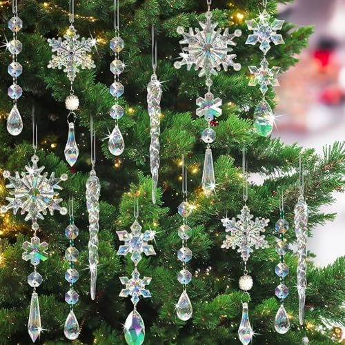 PRZRAO 18 Piezas Carámbanos Acrílicos Decoración de Copos de Nieve para árboles de Navidad DIY Copos de Nieve de Cristal Decoraciones para árboles de Navidad para Fiesta de Navidad