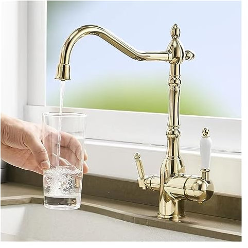 JMRTQMEC Gourmet-Küchenarmatur, Küchenspüle, komplett aus Kupfer, Kalt- und Warmwasser, DREI-in-Eins-Wasseraufbereitung, drehbarer Wasserhahn(Gold)