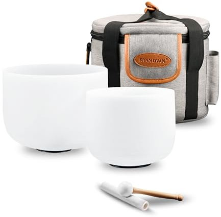 Ryan Dvan Crystal Singing Bowl Set of 2 7 G Note, 8 A Note with Case Suede Striker & O-Ring Sound Therapy for Yoga, Reiki, Chakra Healing Energy Tuning & Mindfulness Kit