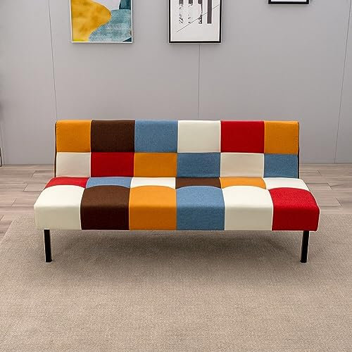 3-Sitzer-Sofa aus buntem Stoff mit Regenbogen-Patchwork-Design und klischem Clac-Liegestuhl, Metallrahmen, Couch für Wohnzimmer