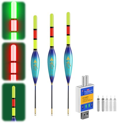 LED Posen Angeln Set mit Bissanzeiger, Doppelfarbige Nachtfischboje, Leuchtposen Angel 4g/5g/6g/7g/8g/9g Tragkraft, Inkl. Batterien Ladegerät, Angelzubehör Für Fluss und See (4g/5g/6g-B)