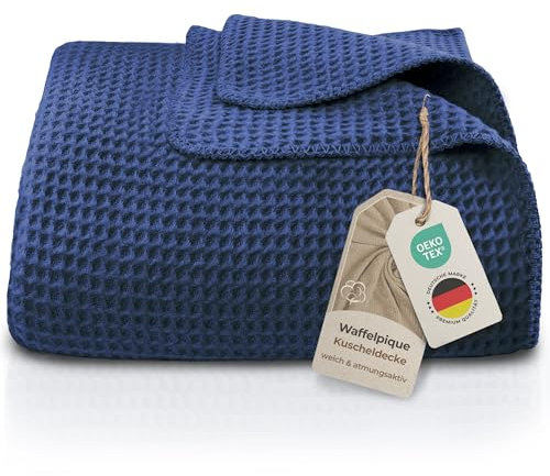 LAYNENBURG Premium Waffelpique Baumwolldecke 150x200 cm - Oeko-TEX 100 - Baumwollmix Kuscheldecke - Decke als Wohndecke, Sofa-Decke & Couchdecke - Wolldecke kuschelig-warm aus Baumwolle (blau)
