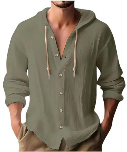 Sweatjacke Herren Hoodie Leinen Baumwolle Langarmshirt mit Kapuze Sweatshirt Lässige Button Pullover Freizeit Einfarbige Kapuzenjacke mit Tasche Kapuzenshirt Prime Armeegrün XL
