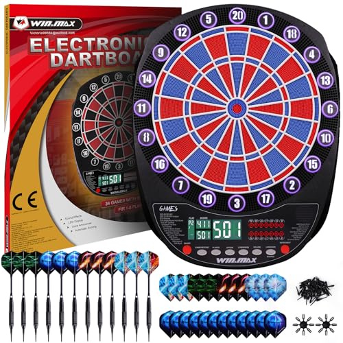 WIN.MAX Elektronische Dartscheibe Soft Tip Dartscheibe Set LED Displays 3 Languges mit 12 Dartpfeilen 100 Spitzen Power Adapter Blau mit Lights