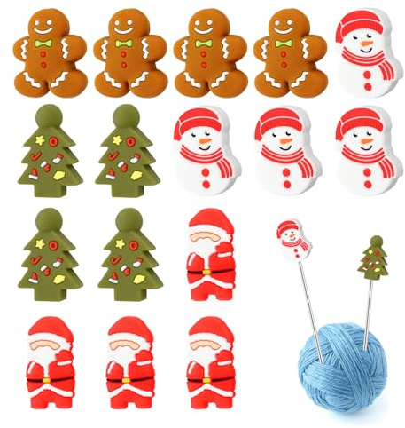 Bekecidi 16 Stück Weihnachts Stricknadelstopper, Spitzenschutz Silikon Weihnachtsmann Stichspitzenkappe Strickzubehör Nadelendabdeckung Weihnachts DIY Bastelbedarf