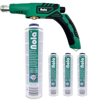 NOLA Gasbrenner Set mit 4 x 600 ml NOLA 705 Gaskartuschen bis 1300 °C Lötbrenner mit Piezozündung 7/16 Zoll Schraubgewinde, Lötbrenner für Küche, Camping und Handwerk