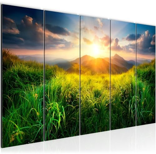 Runa Art Wandbilder XXL Natur Wohnzimmer Schlafzimmer Büro 200L x 80B cm Landschaft Sonnenuntergang 5 Teilig - Made in Germany - 056155a