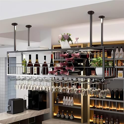 Deckenregal Weinregal mit Glashalter, Decken Regal Hängend Weinglasregal aus Metall, Bar-Display Weinlagerhalter, Holzregal hängender weinhalter für Stielgläser, für Bar Café Küche (Schwarz, 100cm)