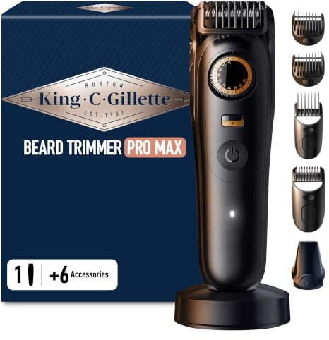 King C Gillette Barttrimmer Herren PRO MAX, Kabelloser Bartschneider mit 40 Längeneinstellungen und Style-Lock — Inkl. 1 Reinigungsbürste, 4 Auswechselbare Kammaufsätze und 1 Ladekabel — Schwarz