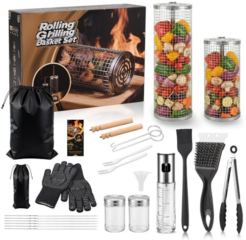 Clheatky 18 Pièces Set de Panier à Barbecue Roulant, Poignée Détachable, Acier Inoxydable 304, Set Complet d’Accessoires pour Barbecue avec Gants, Brochettes, Sac & Plus Encore, Cadeau pour Homme Papa