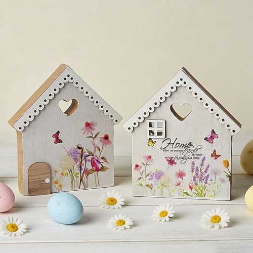 HERZONE 2pcs Frühlingsdeko Innen Tischdeko Ostern Deko Kommunion Holz Deko Aufsteller Frühlings Häusers Osterdeko für Küche Balkon Tisch Fensterbanks Hinstellen und Verschenken (A)