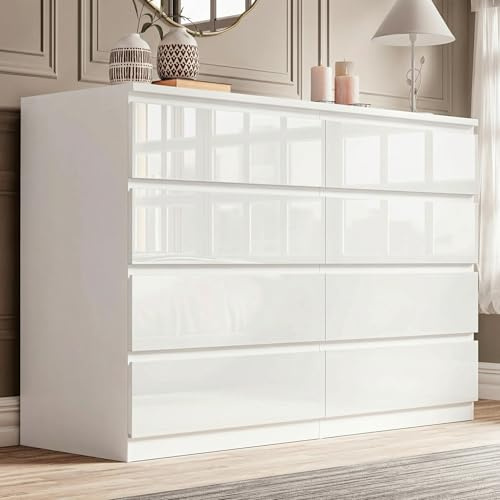 Blisswood High Gloss White Chest of Drawers Bedroom, 8 Drawer Tall Chest of Drawers, Wide Bedroom Storage Cabinet Dresser for Living Room, Office or Hallway, 97 x 40 x 115 cm