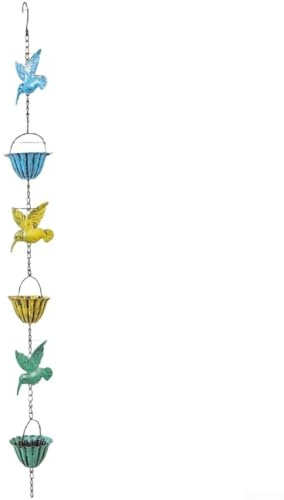 Chaîne de pluie résistante aux intempéries de 2,4 m avec coupelles de fleurs et accents de colibri pour fontaine de jardin