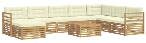 vidaXL Outdoor-Sofagarnitur mit Kissen 9 pcs Weiß und Creme Polyester, Gartenmöbel, modernes Outdoor-Sofa-Set, Akazienholz, modulares Sofa, ideal für Pool und Terrasse