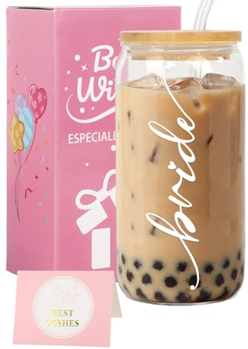 Nwvuop Tazza in vetro con scritta Bride to Be, 473 ml, con cannuccia, regalo per la futura sposa, regalo per addio al nubilato