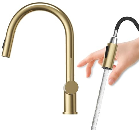 Granitan Küchenarmatur - NAYA - Spültischarmatur mit 360° drehbarem Auslauf - Hochdruck Wasserhahn - einstellbarer Wasserdurchfluss - Gold