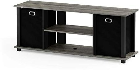 Furinno Econ TV Schrank/Entertainment Center mit 2 Einschüben, holz, Französische Eiche Grau/Schwarz/Schwarz, 29.72 x 105.92 x 40.13 cm