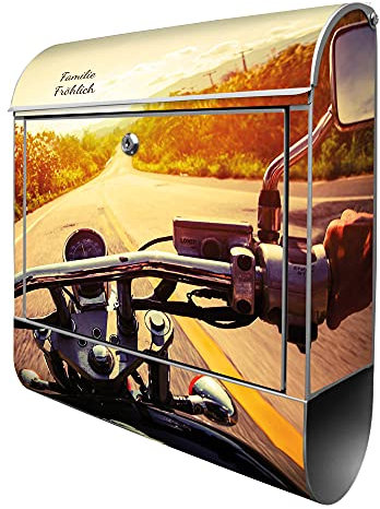 banjado® Design Briefkasten personalisiert Easy Rider 38,5x46,5x13cm & 2 Schlüssel - Briefkasten Stahl Silber Zeitungsfach pulverbeschichtet - Postkasten A4 Einwurf inkl. Montagematerial