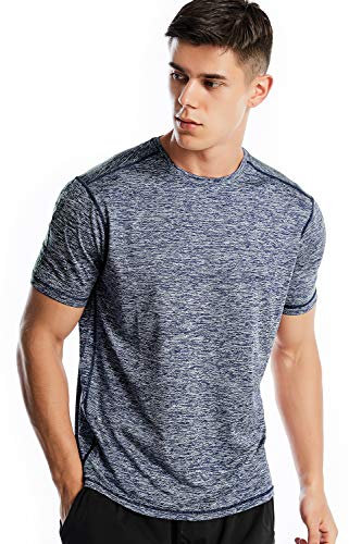 Zengjo Sports T Shirt Men, Quick Dry Gym T Shirt Men Running Top Short Sleeve , XL, 21-marled Navy