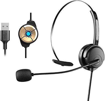 KKshop Casque USB Filaire avec Micro Antibruit et Commandes Audio, Mono Oreillette PC Stéréo pour Business Skype Softphone Centre d'appels Bureau Ordinateur