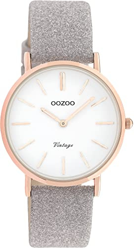 Oozoo Vintage Armbanduhr mit Glitzer Lederband 32 MM Rosegoldfarben/Weiß/Taupe C20158