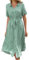 Livonmone Sommerkleid Damen Kurzarm Casual V-Ausschnitt Blumendruck Kleider Strandkleider Sexy Schlitz Midikleid Cocktailkleid Partykleid mit Gürtel (Grün, S)
