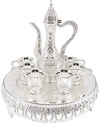 Set di tazze da caffè turco e teiera con teiera, vassoio da tè, 6 tazze in metallo, set da tè per decorare il tavolo da tè, fiaschetta (argento)