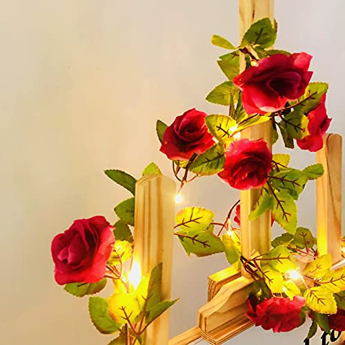 Riaxuebiy 2 M 20 LEDs Artificielle Rose Guirlande Vignes Guirlandes Lumineuses Batterie Fonctionner Plantes en Rotin Suspendus Fleurs Guirlande Mariage Lumières Féériques (Vin rouge)