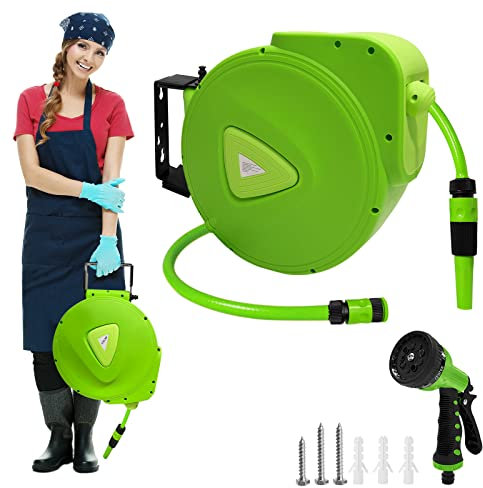 Aufun Schlauchtrommel Wasser 30m+ 2m automatisch mit Handbrause und Gartenschlauch, 3/4 Anschluss 180°schwenkbar, Wandhalterung Multi mit Tragegriff für Garten, Bewässerung, Autowäsche(Grün)
