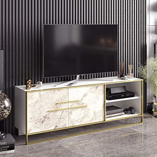 DECOROTIKA Polkana Console multimédia et Support TV, Bois Chlorure de polyvinyle, Effet marbre Blanc/doré, 160 x 38,5 x 56,6