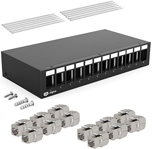 HB-DIGITAL 12-Port Patchpanel Patchfeld Verteilerfeld 1 HE 12x CAT 7 RJ45 Keystone Jack Modul vollgeschirmt STP 10 Gbps Kompatibel mit Verlegekabel Netzwerkkabel Ethernet LAN - Schwarz
