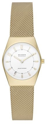Skagen Watch for Women Grenen Lille Solar Powered, Solar-Powered Three Hand Movement, 26 mm Gold Stainless Steel Case with a Stainless Steel Mesh Strap, SKW3077