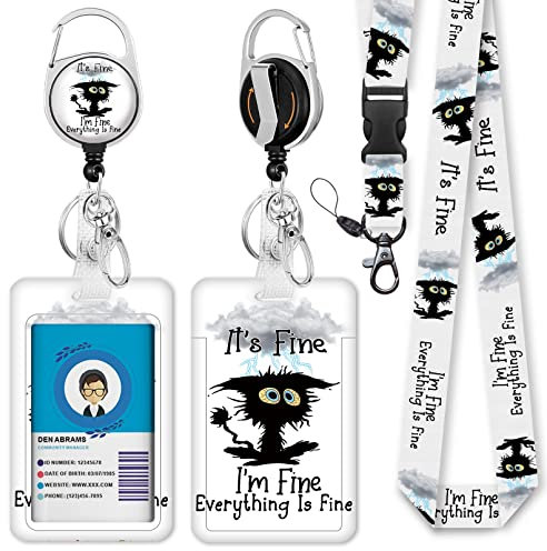 Ausweishalter mit Abreißband, schwarze Katze, einziehbar, robust und abnehmbar, Namensschild-Clips, I'm Fine Everything is Fine Schlüsselband für Ausweise, Krankenschwester, Lehrer, Büro, Geschenke