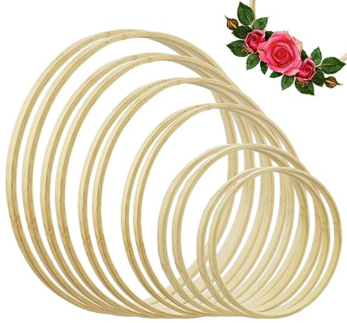 HXMJIED 12 Pack Wooden Floral Hoops - 6 Sizes Bamboo Wreaths Ring for DIY Dream Catchers, Wedding Plant Oasis Garland Decor, Wall Hanging Crafts (6/7/8/9/10/12 inch)