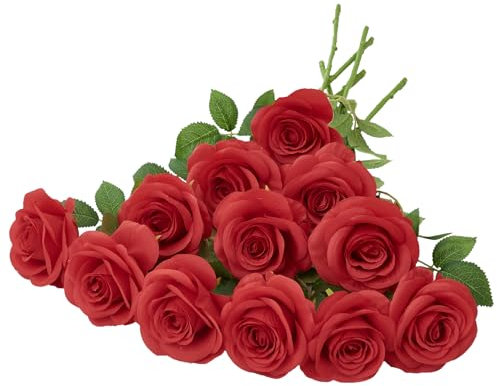 Helera Künstliche Rosen, künstliche Rosen, rote Seidenrosen, Blumen mit langen Stielen für Hochzeit, Zuhause, Party, Tafelaufsätze, Dekorationen, 12 Stück