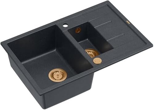 QUADRON Spülbecken Schwarzspüle Granit Granitspüle | Größe 78 x 50 x 22 cm, Schwarz & Kupfer | MORGAN 116 Küchenspüle Doppelbecken-Spüle | Doppelbecken Küchenspüle mit Abtropffläche | mit Hahnloch