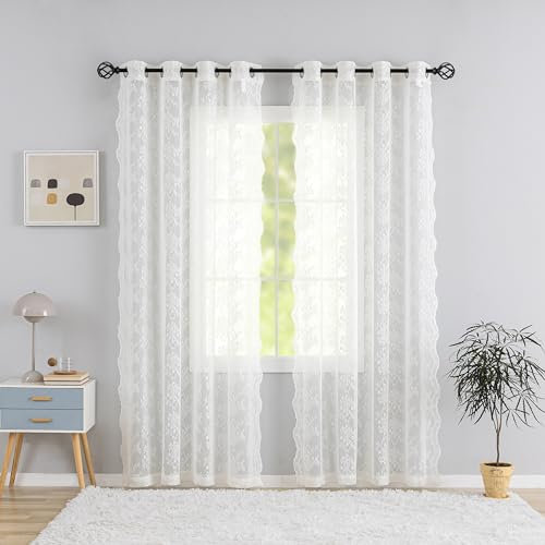 YJ YANJUN Vorhänge Beige Voile Blumen Stickerei Vorhänge mit Ösen Transparent Spitzenvorhänge Boho Gardinen Schal Dekorativer Schal für Wohnzimmer Schlafzimmer 140x245(B*H) cm 2er-Set Beige
