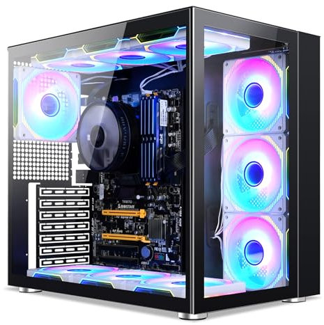 GOPIE Boîtier PC de gaming P07 ATX avec double chambre panoramique en verre trempé, haute performance, gestion des câbles, radiateur de 360 mm, ventilateurs non inclus, noir