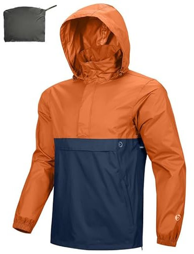 Outdoor Ventures Veste de pluie pour homme - Veste imperméable légère à capuche coupe-vent - Veste d'extérieur pliable et respirante pour voyage, camping, course à pied, randonnée, Orange foncé/bleu