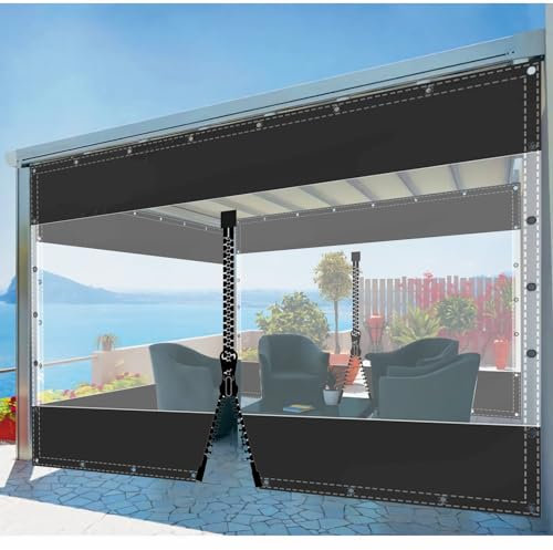 SDLLG Transparent Pavillonplane Gartenplane mit Ösen PVC Winddicht Vorhang 0.5mm Wasserdichter Plane Trennvorhang für Draussen Terrassen Garten Balkon 2x2m(HxL) Schwarz mit 1 Reißverschluss