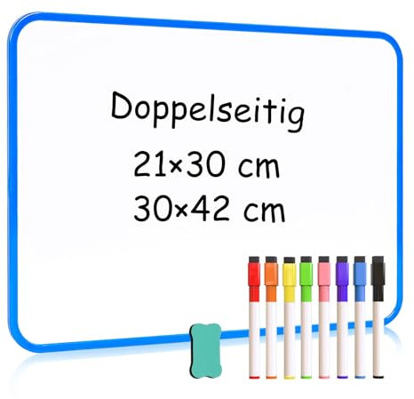 DOLLAR BOSS Doppelseitiges Whiteboard 30 x 42 cm, A3 Magnettafel Magnetwand, Klein Whiteboard Trocken Abwischbar Magnetisch, Tragbares Mini White Board mit 8 Stiften und 1 Radiergummi