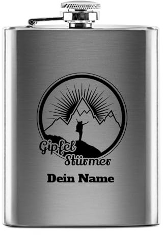 PR Print Royal Flachmann mit Gravur aus Edelstahl selbst gestalten - Gipfel-Stürmer - mit Name gravieren - Geschenk Wandern Skifahren - Praktische Taschengröße | Silber, 226 ml