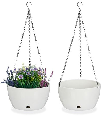 Relaxdays Blumenampel mit Wasserspeicher, 2er Set, HxD 67x28,5 cm, außen & innen, hängender Blumentopf, Kunststoff, weiß