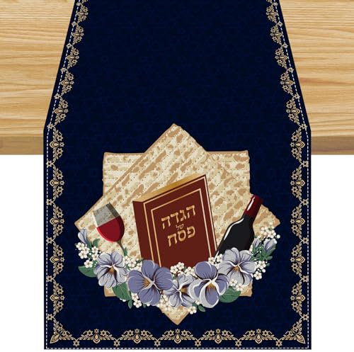 Tischläufer aus Leinen, Motiv: Pesachstern, jüdisches Festival, Passahfest, Chanukka, Roshana, Sukkot, Pesach-Stern, Matza, Tischdecke, religiöse Festtage, Party, Zuhause, Küche, Esszimmer, 33 x 183