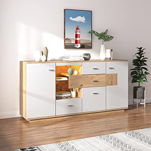 Merax Commode en bois - Buffet moderne avec éclairage LED et étagère en verre - Armoire avec 2 portes et 4 tiroirs - Pour salon, salle à manger et chambre à coucher - 160 x 40 x 77 cm - Blanc et