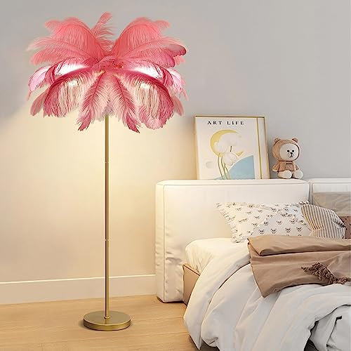 YQGOO Feder Stehlampe Wohnzimmer, Federlampe Stehlampe Gold mit 3-Farbig Dimmbarem,160cm Stehlampe Federn Moderne mit Fußschalter, Kreative Studie Schlafzimmer Feder Lampe Stehleuchte