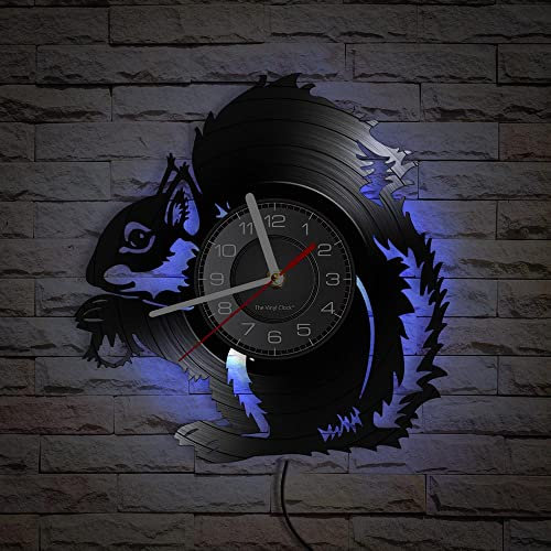 Smotly Vinyl-Uhr, kreative Eichhörnchen-Form, handgefertigt, Geschenk, geeignet für jede Wanddekoration. (Schwarz mit Lichtern) (Geschenktüte + Haken)